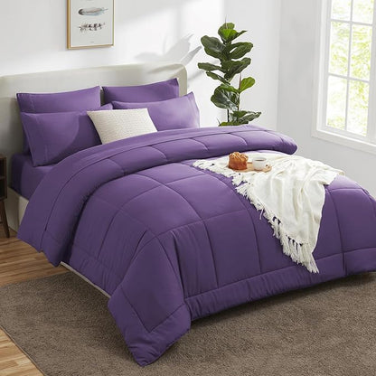 CozyLux Queen Comforter Set Purple, 7 Pieces Bed in a Bag, Purple Comforter Queen Size, All Season Bedding Sets with Stitch Quilted Comforter, Flat Sheet, Fitted Sheet, Pillowcases