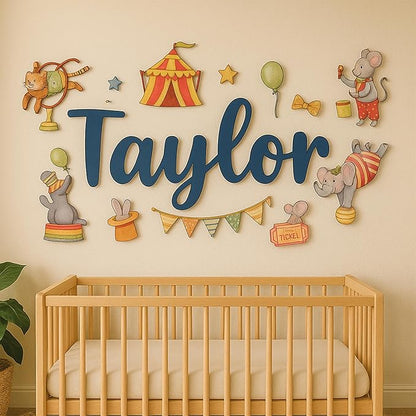 Custom Nursery Name Sign with Themed Decor Kit | Personalized Wooden Wall Art for Baby, Kids Room | Space, Jungle, Circus, Under the Sea, Woodland, Rainbow (50", Circus)