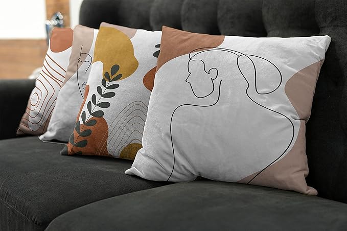 Ambesonne Minimal Throw Pillow Cushion Case Pack of 4, Modern Line Art Woman Portrait with Contemporary Leafy Geometric Details, Modern Accent Double-Sided Digital Printing, 24", Rust Tan and Mustard