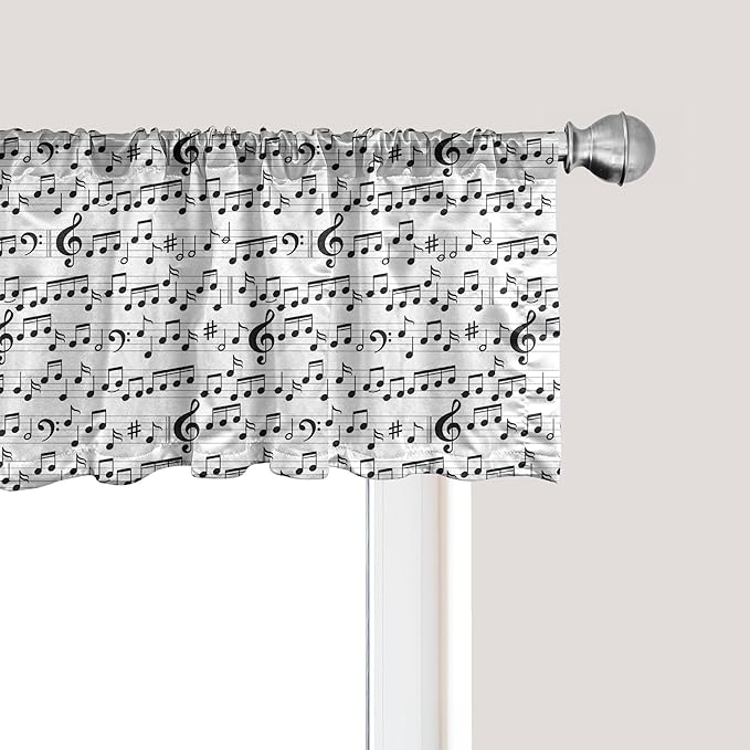 Ambesonne Music Window Valance, Abstract Style Professional Pattern Notes and Clef Sheet Play Writing Print, Curtain Valance for Kitchen Bedroom Decor with Rod Pocket, 42" x 18", Black White