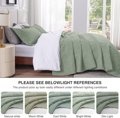Love's cabin Twin Quilt Bedding Set Sage Bedspreads - Soft Bed Summer Lightweight Bedspread Comforter - Wave Pattern Bedding Coverlet for All Season - 2 Pieces (1 Quilt, 1 Pillow Sham)
