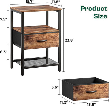 Huuger Night Stand with Fabric Drawer, Side Table with Mesh Shelf, Bedroom Nightstand, Fabric Drawer Dresser, Open Shelf, Metal Frame, Couch Side, Rustic Brown