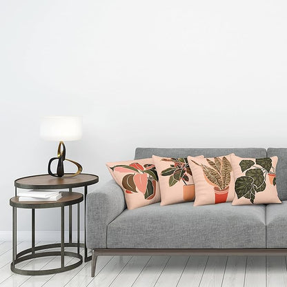 Ambesonne Botanical Throw Pillow Cushion Case Pack of 4, Digital Watercolor Effect Modern Print of House Plants Leaves Pots, Modern Accent Double-Sided Digital Printing, 20", Peach Emerald and Salmon