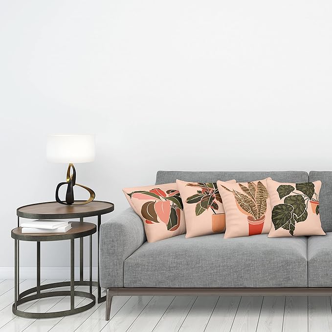 Ambesonne Botanical Throw Pillow Cushion Case Pack of 4, Digital Watercolor Effect Modern Print of House Plants Leaves Pots, Modern Accent Double-Sided Digital Printing, 16", Peach Emerald and Salmon