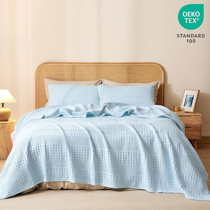 PHF 100% Cotton Waffle Weave Blanket Twin Size for Bed, Soft Lightweight & Breathable, All-Season Comfort, Luxury Aesthetic Woven Bedding for Home Decor, 66"x90", Baby Blue