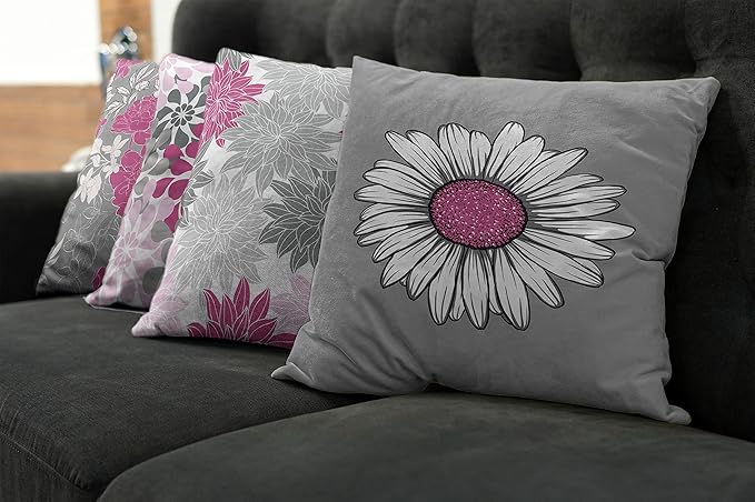Ambesonne Floral Throw Pillow Cushion Case Pack of 4, Flower Petals Modern Color Palette Chamomile Peony Dahlia and Sunflower Print, Modern Accent Double-Sided Digital Printing, 18", Pink and Grey