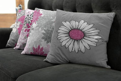 Ambesonne Floral Throw Pillow Cushion Case Pack of 4, Flower Petals Modern Color Palette Chamomile Peony Dahlia and Sunflower Print, Modern Accent Double-Sided Digital Printing, 18", Pink and Grey