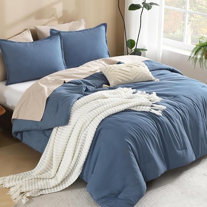 Litanika Haze Blue Comforters Oversized King Size, 3 Pieces Lightweight Solid Bedding Comforter Set, All Season Fluffy Bed Set (120x98In Comforter & 2 Pillowcases)