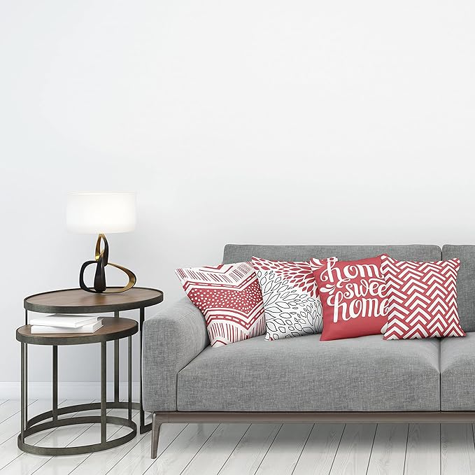 Ambesonne Geometric Throw Pillow Cushion Case Pack of 4, Home Phrase Minimal Zigzag Squama Dahlia Flower Petals Chevron Tribal, Modern Accent Double-Sided Digital Printing, 24", Dark Coral and White