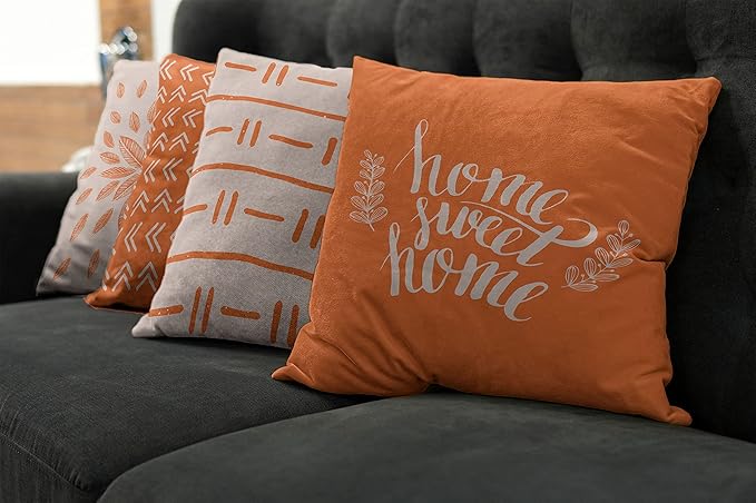 Ambesonne Modern Throw Pillow Cushion Case Pack of 4, Scandinavian Minimal Ornaments Boho Feather Leaves and Home Phrase, Modern Accent Double-Sided Digital Printing, 18", Pale Tan and Burnt Orange