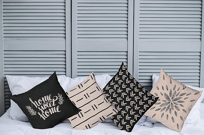 Ambesonne Modern Throw Pillow Cushion Case Pack of 4, Scandinavian Minimal Ornaments Boho Feather Leaves and Home Phrase, Modern Accent Double-Sided Digital Printing, 16", Pale Tan and Charcoal Grey