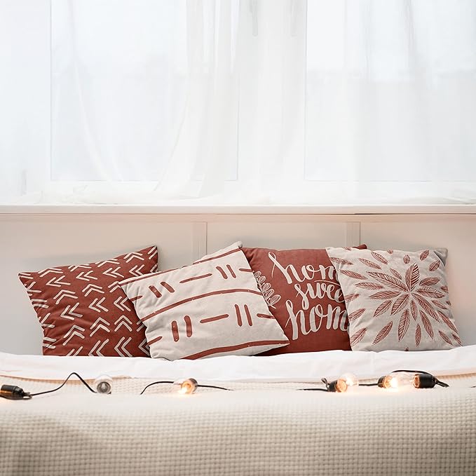 Ambesonne Modern Throw Pillow Cushion Case Pack of 4, Scandinavian Minimal Ornaments Boho Feather Leaves and Home Phrase Print, Modern Accent Double-Sided Digital Printing, 18", Pale Tan and Dark Rust