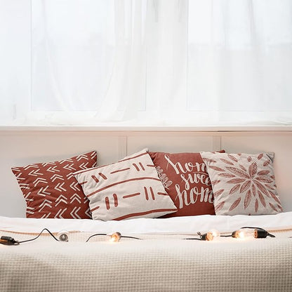 Ambesonne Modern Throw Pillow Cushion Case Pack of 4, Scandinavian Minimal Ornaments Boho Feather Leaves and Home Phrase Print, Modern Accent Double-Sided Digital Printing, 18", Pale Tan and Dark Rust