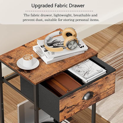 Furologee Nightstands Set of 2, Night Stand with Fabric Drawer and Storage Shelf, Retro Bedside Sofa Tables for Small Place, End Side Tables Living Room Bedroom, Rustic Brown
