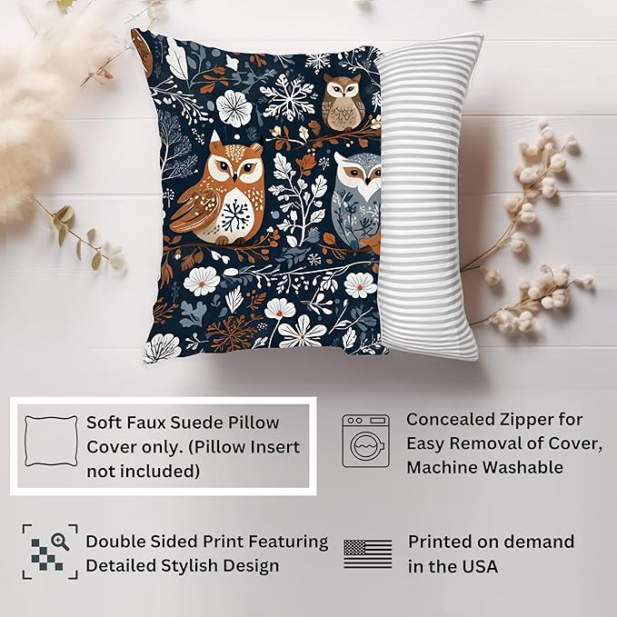 Ethan Taylor Animals Throw Pillow Soft Cushion Cover 'Own Garden Birds Owl' Scandinavian Pattern Decorative Square Accent Pillow Case, 20x20 Inches, Blue, Orange