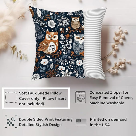 Ethan Taylor Animals Throw Pillow Soft Cushion Cover 'Own Garden Birds Owl' Scandinavian Pattern Decorative Square Accent Pillow Case, 18x18 Inches, Blue, Orange