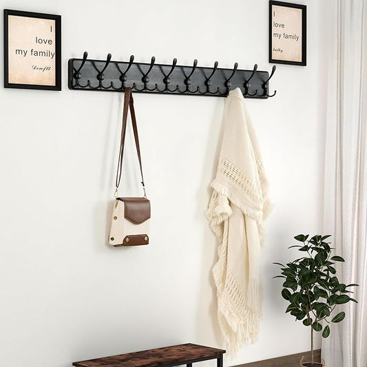 Dseap Coat Rack Wall - Heavy-Duty 38-1/4" Long, with Reinforced 10 Custom Tri-Hooks, Solid Wood Wall Hanger for Coats Hat Jackets - Rustic Farmhouse Entryway Storage, Black, Pack of 2