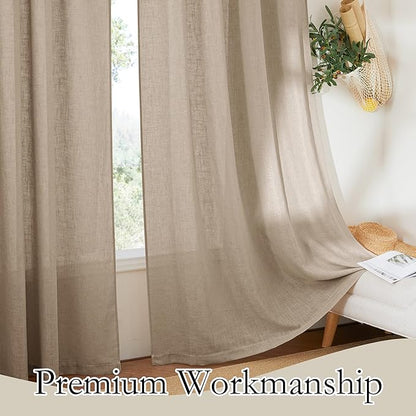 RYB HOME Long Linen Curtains 96 inches Long for Living Room, Light Airy Breathable Window Decor Linen Burlap 2 Panels Set for Laundry Room Home Office, W 70 x L 84 inches, Khaki, 2 Panels