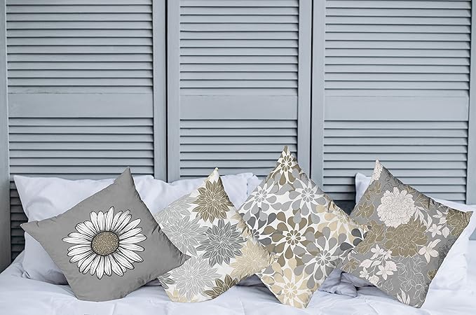 Ambesonne Floral Throw Pillow Cushion Case Pack of 4, Flower Petals Modern Color Palette Chamomile Peony Dahlia and Sunflower Print, Modern Accent Double-Sided Digital Printing, 20", Slate Brown Grey