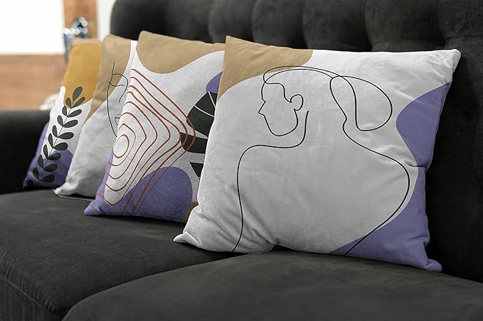 Ambesonne Minimal Throw Pillow Cushion Case Pack of 4, Modern Line Art Woman Portrait with Contemporary Leafy Geometric Details, Modern Accent Double-Sided Digital Printing, 24", Tan Amber Lavender