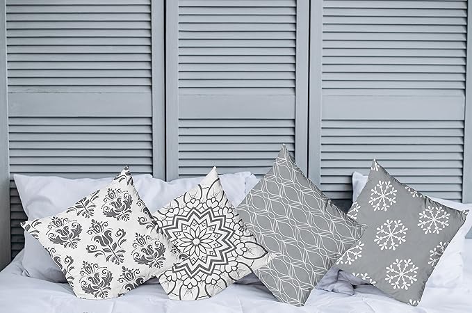 Ambesonne Retro Throw Pillow Cushion Case Pack of 4, Trellis Grid Medieval Floral Damask Mandala Flower Ornament in Modern Grayscale, Modern Accent Double-Sided Digital Printing, 20", Grey and White