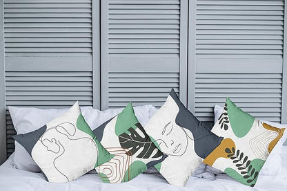 Ambesonne Minimal Throw Pillow Cushion Case Pack of 4, Modern Line Art Woman Portrait with Contemporary Leafy Geometric Details, Modern Accent Double-Sided Digital Printing, 20", Sea Green Slate Blue