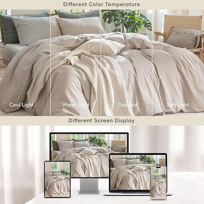 MooMee Bedding Duvet Cover Set 100% Washed Cotton Linen Like Textured Breathable Durable Soft Comfy (Solid Light Tan, Queen 90"x90")