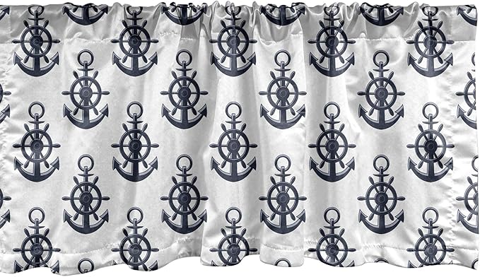 Lunarable Vintage Nautical Tattoo Window Valance, Sea Anchor Maritime Monochrome Simplistic Pattern, Curtain Valance for Kitchen Bedroom Decor with Rod Pocket, 54" X 12", Blue White