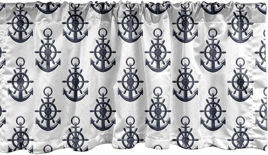 Lunarable Vintage Nautical Tattoo Window Valance, Sea Anchor Maritime Monochrome Simplistic Pattern, Curtain Valance for Kitchen Bedroom Decor with Rod Pocket, 54" X 12", Blue White