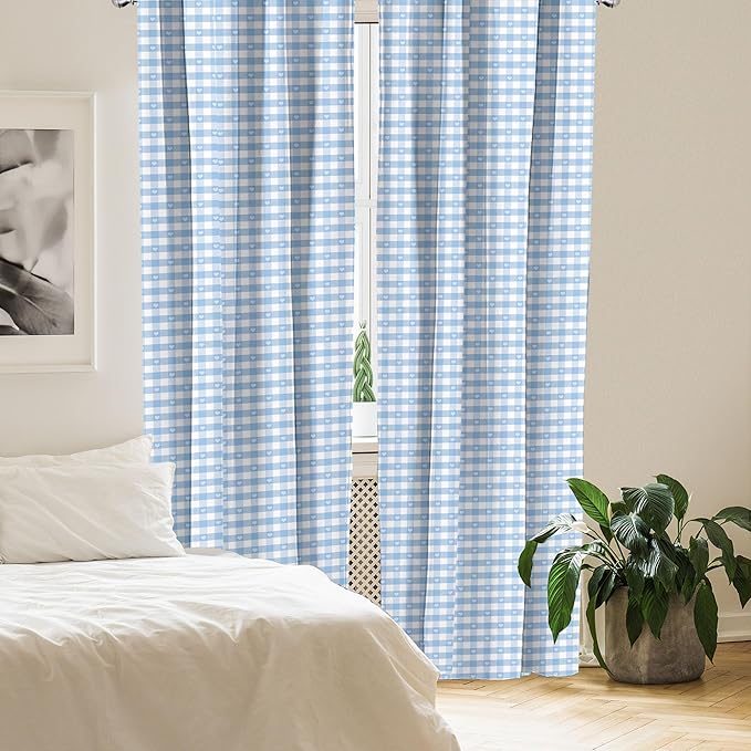Ambesonne Checkered Window Curtains Pack of 2, Gingham Motif with Little Hearts Pastel Blue Shower Theme, Lightweight Set with Rod Pocket, 4 Panels of - 28" x 63", Blue