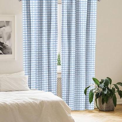Ambesonne Checkered Curtains, Gingham Motif with Little Hearts Pastel Blue Shower Theme, Window Treatments 2 Panel Set for Living Room Bedroom, Pair of - 28" x 63", Blue
