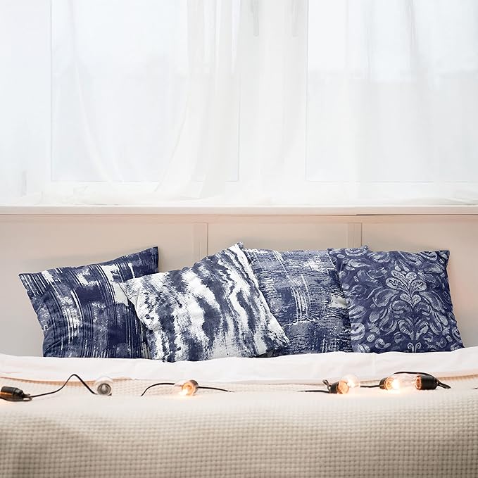 Ambesonne Vintage Throw Pillow Cushion Case Pack of 4, Abstract Grunge Effect Brushstrokes and Waving Striping Stains Paisley Drops, Modern Accent Double-Sided Digital Printing, 18", Violet Blue White