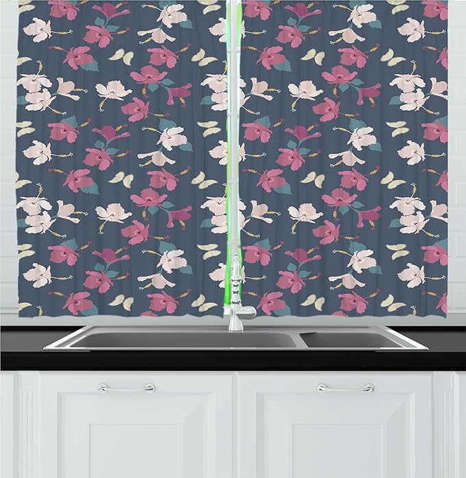 Lunarable Floral Kitchen Curtains, Composition of Hibiscus Flowers and Butterflies, Window Drapes 2 Panel Set for Kitchen Cafe Decor, 55" x 24", Purpleblue Dried Rose Pale Tan and Mustard