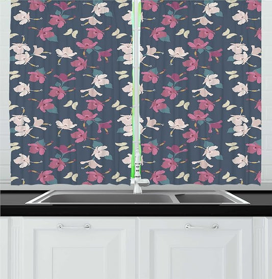 Lunarable Floral Kitchen Curtains, Composition of Hibiscus Flowers and Butterflies, Window Drapes 2 Panel Set for Kitchen Cafe Decor, 55" x 24", Purpleblue Dried Rose Pale Tan and Mustard