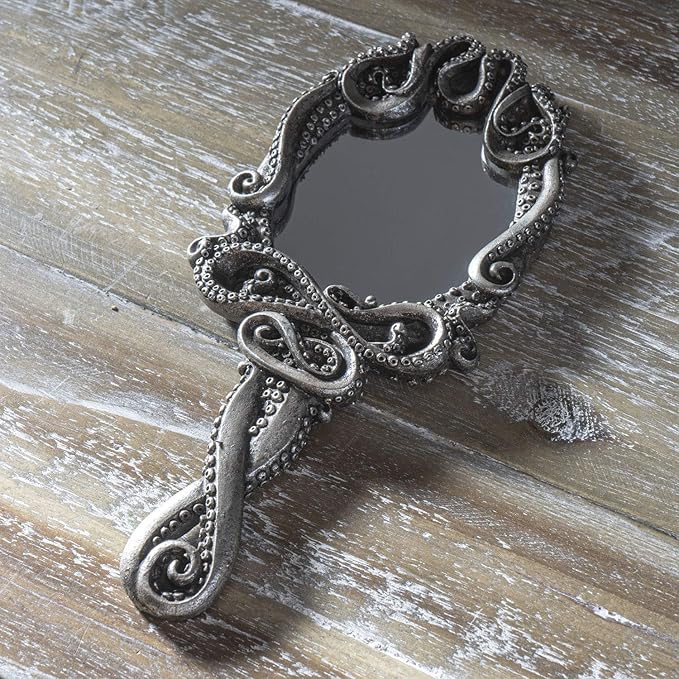 Ebros Nautical Marine Deep Ocean Monster Kraken Cthulhu Octopus Tentacles Resin Sculptural Hand Mirror Vanity Boudoir Beauty Accessory Handheld Mirrors for Women Ladies Girls