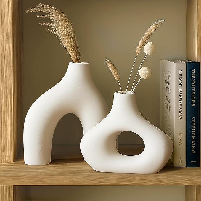 Nordic Ceramic Vase Set – 2 White Sculptural Vases for Fresh Flowers or Dried Stems – Minimalist Home Décor for Shelf, Table, Wedding or Gift – Holds Water