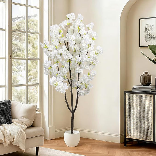 Faux White Cherry Blossom 6ft(72in) Artificial Floor Plant for Indoor Decor Natural Potted Tree with Texture Flowers and Realistic Wood Trunk for Home Living Room,Office Perfect Housewarming Gift