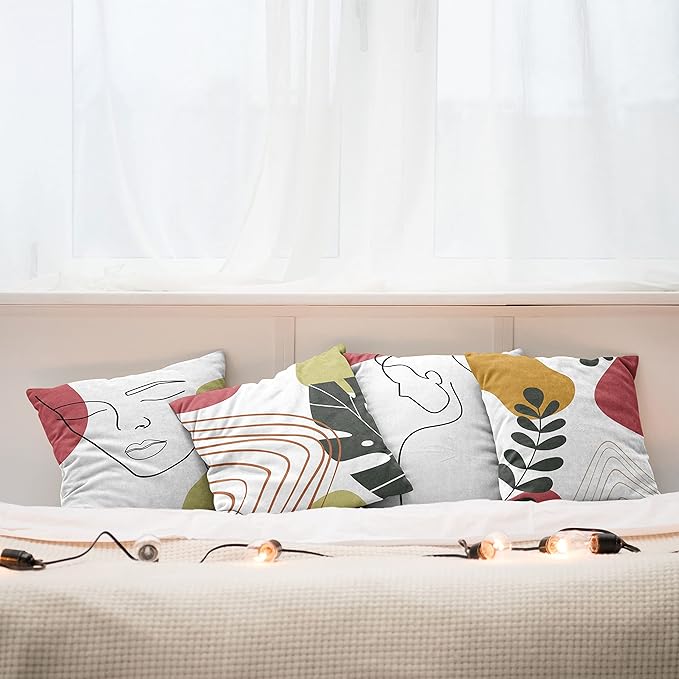 Ambesonne Minimal Throw Pillow Cushion Case Pack of 4, Modern Line Art Woman Portrait Contemporary Leafy Geometric Details, Modern Accent Double-Sided Digital Printing, 16", Olive Green and Dark Coral