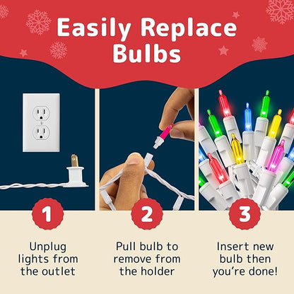 PREXTEX 50 Ct. Multi-Color Christmas Tree Lights with White Wire - 10 Ft Holiday String Lights for Indoor and Outdoor Use - Multicolor Twinkle Christmas Tree Decoration with End-to-End Connectors