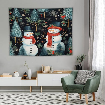 MaSiledy Tapestry Snowman Couple Vintage Aesthetic Tapestry Wall Hanging Winter Snowman Tapestries Wall Art for Home Decor Landscape 60"x80" Holiday Scene Banner for Winter Christmas Party