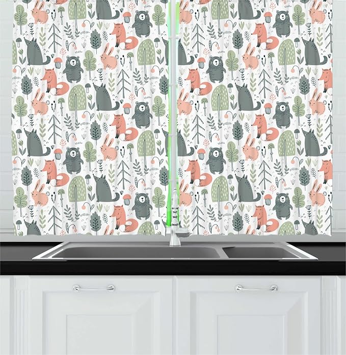 Lunarable Woodland Creatures Long Kitchen Curtains, Pastel Scandinavian Animals and Trees, 2 Panel Set Drapes with Rod Pocket Room Decor, 55" x 45", Coral Reseda Green