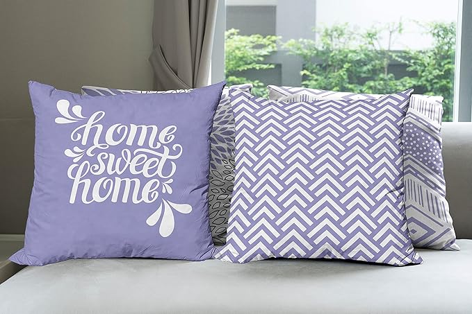 Ambesonne Geometric Throw Pillow Cushion Case Pack of 4, Home Phrase Minimal Zigzag Squama Dahlia Flower Petals Chevron Tribal, Modern Accent Double-Sided Digital Printing, 18", Lavender and White