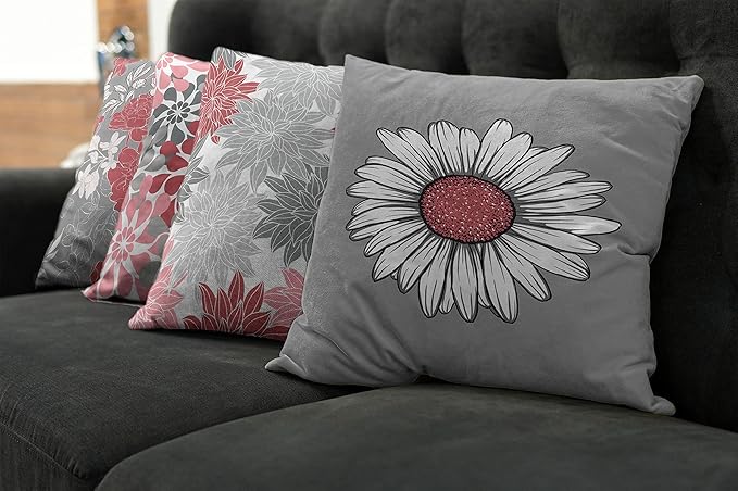 Ambesonne Floral Throw Pillow Cushion Case Pack of 4, Flower Petals Modern Color Palette Chamomile Peony Dahlia and Sunflower Print, Modern Accent Double-Sided Digital Printing, 20", Dark Coral Grey