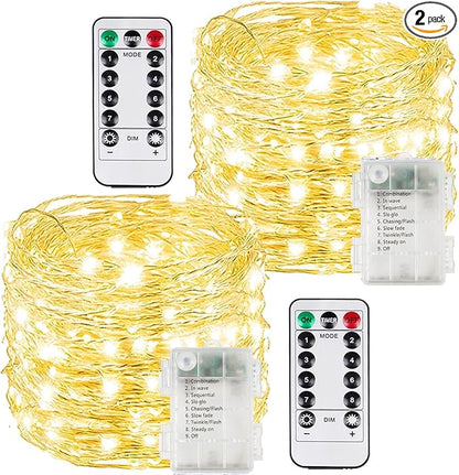 2 Pack 200LED Christmas Battery Operated Fairy Lights with Remote, 8 Modes String Light with Timer, Dimmable, Memory Function, Waterproof Twinkle Lights for Outdoor Indoor Christmas Decor(Warm White)
