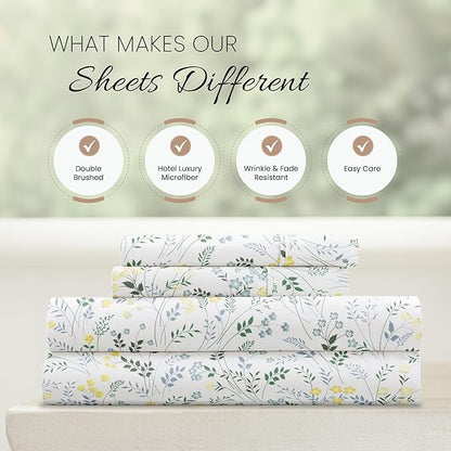 Linen Market Double-Brushed Patterned Microfiber California King Sheet Set 4 Piece – Oeko-TEX Certified Ultra Soft & Wrinkle-Free - 16" Deep Pocket Sheets Easy Care Cal-King Size - Wildflower Blue