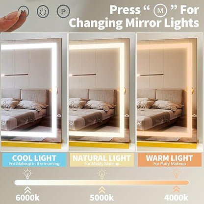 FENNIO 23" x 18" Vanity Mirror with Lights，LED Makeup Mirror，Hollywood Mirror with 3 Color Modes & Adjustable Brightness，Vanity Mirror Square Gold