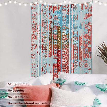 Batmerry Blue Grey Boho Garbage Tapestry, Red Wall Art Hanging Decoration Polyester Fiber White Ruffled Around for Dorm Room Bedroom Living Room, 59.1x51.2 inches
