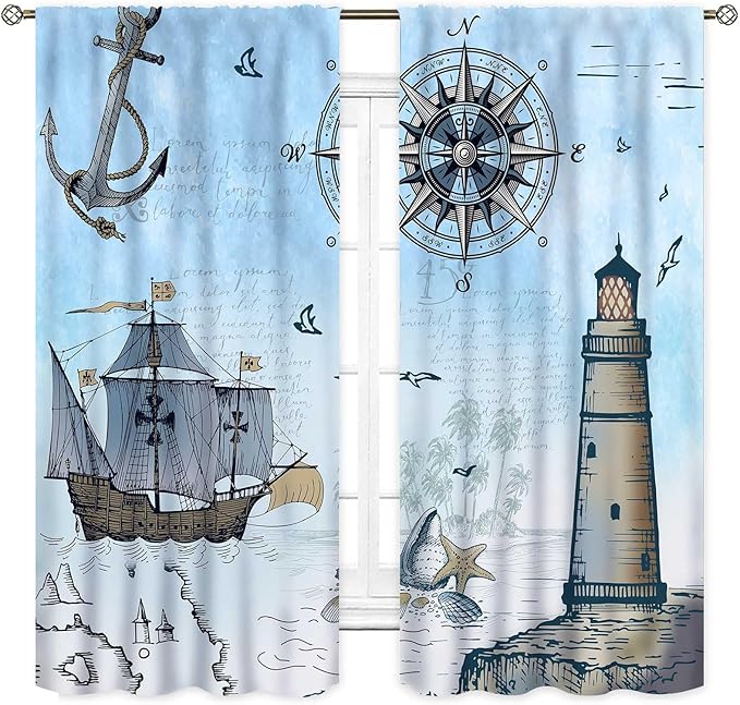 Nautical Curtains, Vintage Marine Coastal Sailboat Compass Anchor Ocean Beach Lighthouse Watercolor Blue Decorative Drapes for Bedroom Living Room Kitchen Bathroom Window 2 Panels Set, 63"x72" Inch