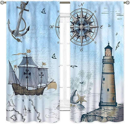 Nautical Curtains, Vintage Marine Coastal Sailboat Compass Anchor Ocean Beach Lighthouse Watercolor Blue Decorative Drapes for Bedroom Living Room Kitchen Bathroom Window 2 Panels Set, 52"x84" Inch