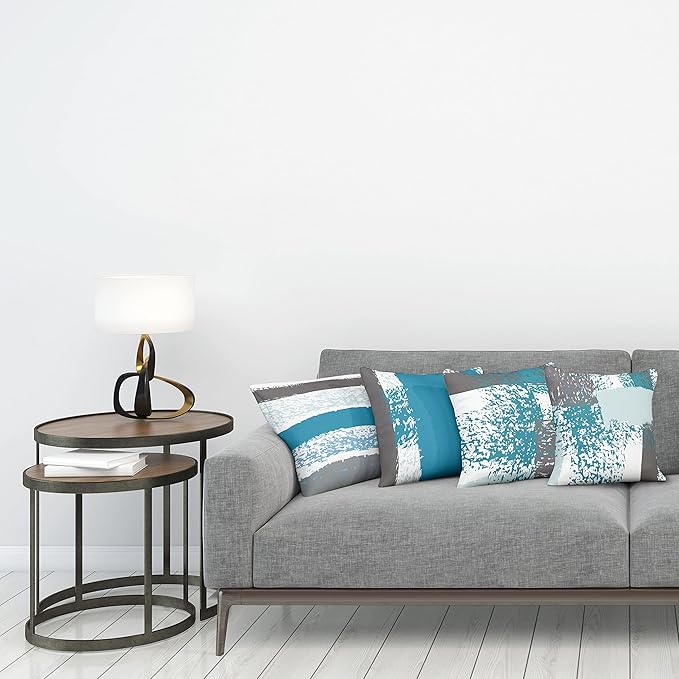Ambesonne Grunge Throw Pillow Cushion Case Pack of 4, Abstract Design Simplistic Minimal Stripes Brushstrokes Contemporary, Modern Accent Double-Sided Digital Printing, 16", Sea Blue Grey and White